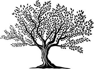 Obraz premium Olive tree isolated silhouette symbol. Vegetarian and mediterranean food, agriculture company or olive oil production vector symbol. Environment and ecology sign with farm orchard old tree crown