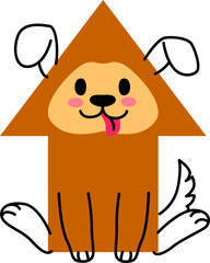 Cartoon dog animal character with math shape. Arrow basic shape or math sticker, funny animal puppy basic isolated vector figure or school kid education brown dog geometric personage