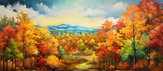 scenic landscape amidst a lush green forest the abstract beauty of nature unfolds with the vibrant colors of autumn as the sky is painted with hues of red and every tree and leaf is adorned - obrazy, fototapety, plakaty