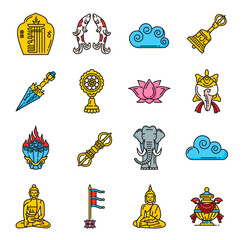 Buddhism religion icons and religious symbols of Dharma, vector lotus and Buddha. Tibetan Buddhism religious signs of victory banner, wish granting jewel and sacred elephant with Dharmachakra - obrazy, fototapety, plakaty