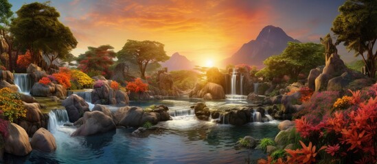 serene backdrop of a lush garden adorned with a myriad of colorful flowers a shimmering gold and white fish swam gracefully crystal clear waters contrasting against the black rocks As the vi - obrazy, fototapety, plakaty