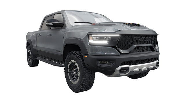USA, Dallas. November 13, 2023. RAM 1500 TRX 2022. Powerful, sporty grey pickup truck for outdoor activities and difficult terrain on a transparent background. 3d rendering.