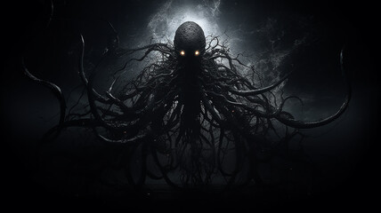 demon of evil, the essence of horror and nightmare darkness, black dark essence silhouette frightening creature phobia, computer graphics