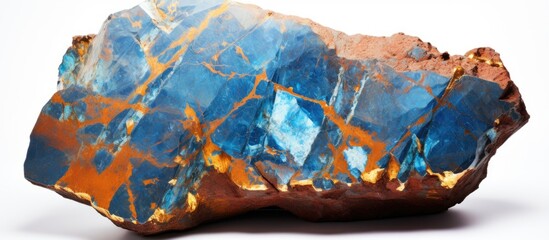 On a white background an isolated stone an igneous rock reveals veins of copper ore in hues of blue...