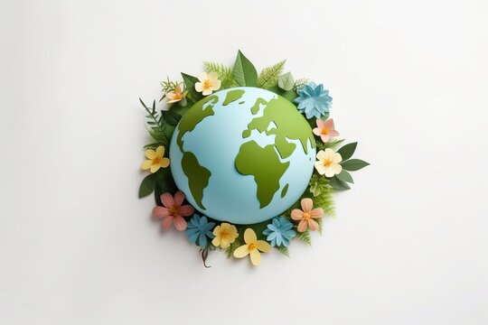 Eco Friendly Earth with Flowers. Save the World Background with Copyspace, Papercraft Style, Earth day, Environment Day.