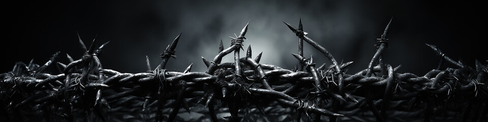 barbed wire on a black background long frame - obrazy, fototapety, plakaty