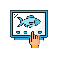 Fishing industry frozen fish ordering line icon. Seafood product, frozen fish processing or manufacture, aquaculture production equipment outline vector sign. Fishing industry technology pictogram