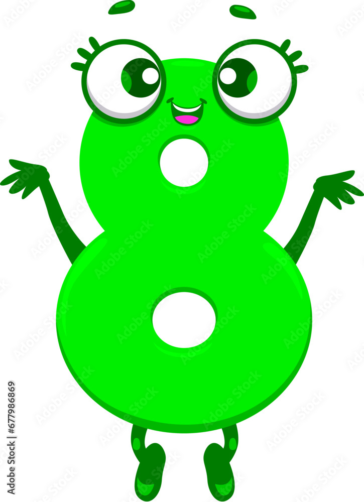 Poster cartoon funny math number eight 8 character for kids mathematics, vector icon. 8 eight number with e