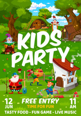 Kids party flyer with cartoon fairytale funny gnomes at village. Vector poster of cute gardener gnomes, reader dwarf and aviculturists elf characters with beards and hats, magic forest tree houses
