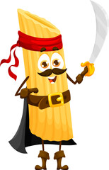 Cartoon penne italian pasta pirate character. Italian restaurant classic dish filibuster cute personage, pasta pirate or penne meal buccaneer isolated vector childish mascot with cutlass saber