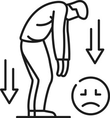 Apathy psychological disorder problem, mental health. Cognitive disorder or mental health, psychotherapy or human psychology problem line vector sign, outline icon or symbol with depressed man