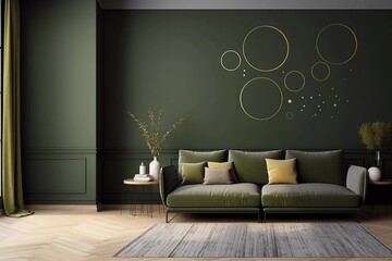 modern living room interior design, green sofa and dark walls with decoration circles. generative ai