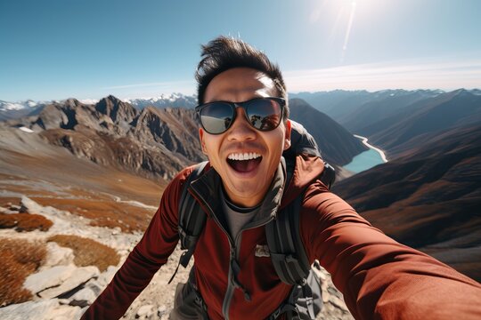 Portrait of Asian Male Hiker with Sunglasses Take a Selfie on Top of Mountain, Happy Traveller Man Smiling and Looking at the Camera.