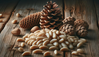 Peeled pine nuts with several pine cones on a wooden table. Healthy food concept.  Ai generative