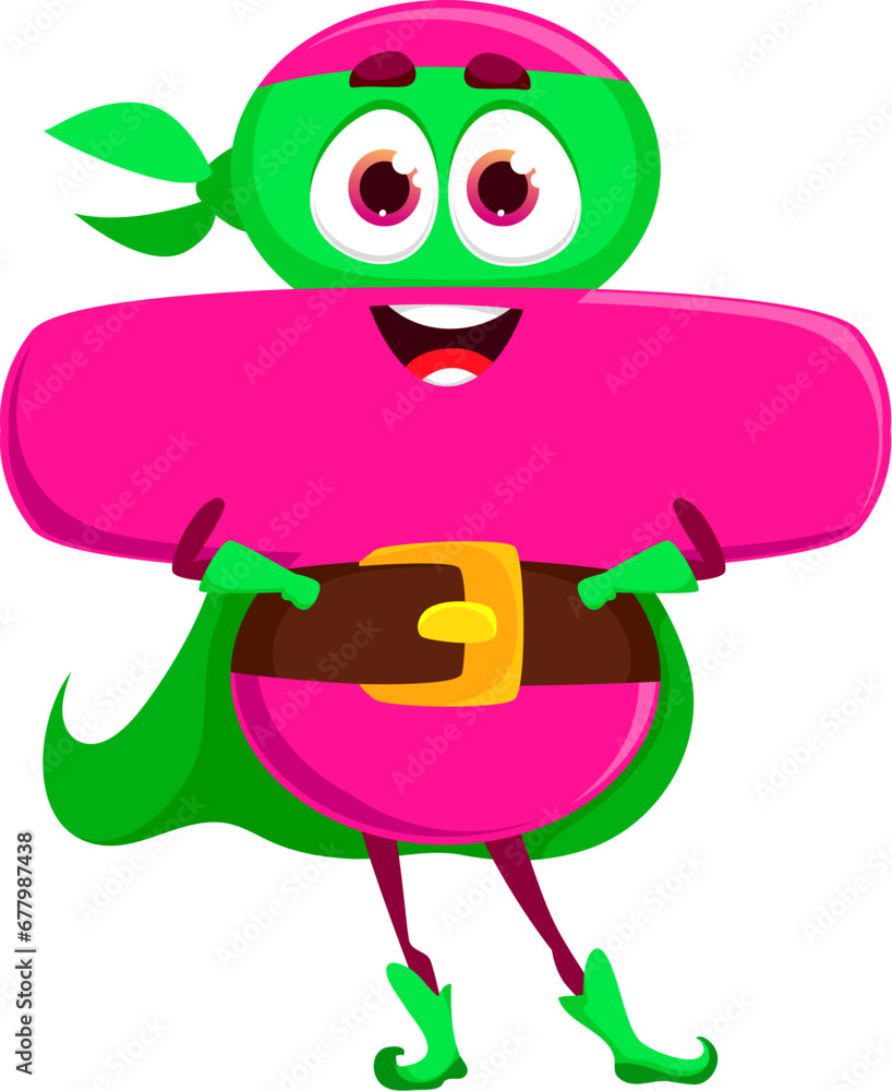 Poster cartoon math division sign number superhero character. cute funny mathematics symbol with big eyes a