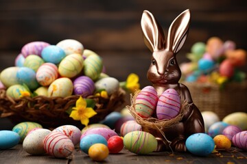 Fototapeta na wymiar Chocolate Easter bunny and Easter eggs. Generative AI