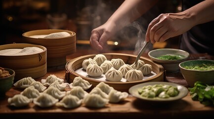 Obraz na płótnie Canvas View of freshly made Chinese dumplings in the kitchen. Chinese making dumplings. Generative AI