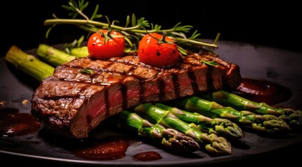 Thick juicy beef steak with green asparagus. Generative AI
