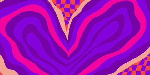 Psychedelic Heart background. Valentines heart with checkerboard pattern. Abstract design poster retro love. Vector illustration