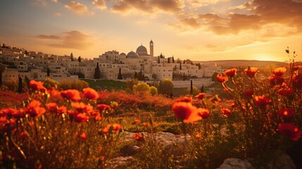 Stone buildings adorned with vibrant floral. Generative AI
