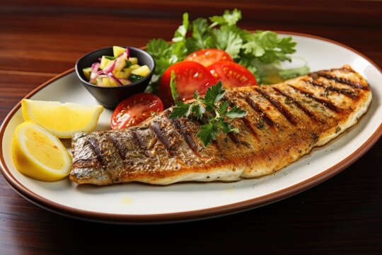 Grilled snapper fish steak with vegetable isolated on black background. Generative AI