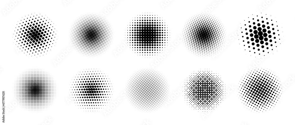 Poster halftone gradient circles collection. dots textured round patterns. cartoon comic radial faded backg