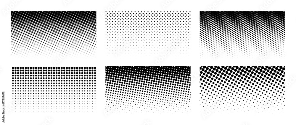 Poster set of horizontal halftone gradient backgrounds. cartoon dots texture wallpaper collection. black an