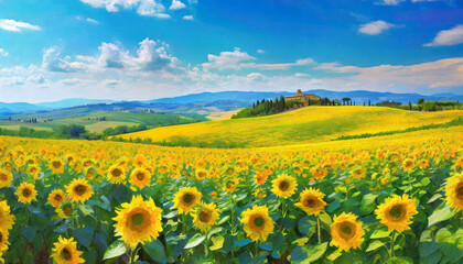 A sunflower field under a clear blue sky during a summer day in Tuscany, Italy, with the vibrant yellow blooms stretching as far as the eye can see.