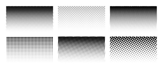 Set of horizontal halftone gradient backgrounds. Cartoon dots texture wallpaper collection. Black and white comic design cover pack for banner, poster, print. Pop art dotted vector illustration bundle
