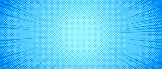 Light blue radial dotted comic background. Speed lines wallpaper with pop art halftone texture. Turquoise anime cartoon rays explosion backdrop for poster, banner, print, magazine, cover. Vector