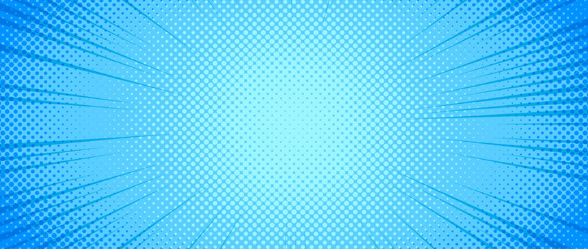 Fototapeta Light blue radial dotted comic background. Speed lines wallpaper with pop art halftone texture. Turquoise anime cartoon rays explosion backdrop for poster, banner, print, magazine, cover. Vector