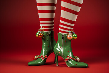 Close up of festive christmas elf legs with striped tights on a bright coloured background - obrazy, fototapety, plakaty