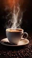 Hot coffee in a white coffee cup With steam rising from the cup and  lots of coffee beans placed around.
