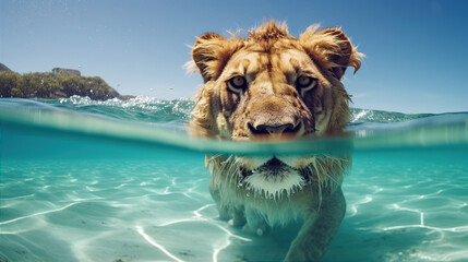 A lion swims in the sea in crystal clear water
