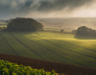 A rural farmland during a gentle rain in Normandy, France, with crops glistening in the moisture and the earthy scent of petrichor in the air.