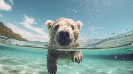 Polar bear swims in the sea in crystal clear water