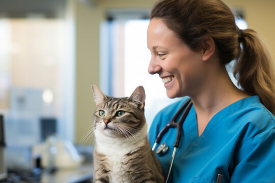 a female pet vet hugging a cat bokeh style background