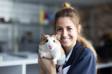 a female excotic pet vet holding a guinea pig bokeh style background