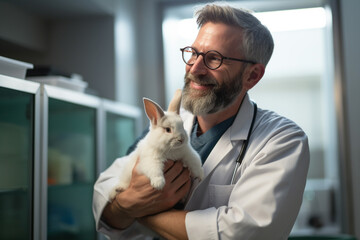 a male excotic pet vet  hugging rabbit bokeh style background - obrazy, fototapety, plakaty