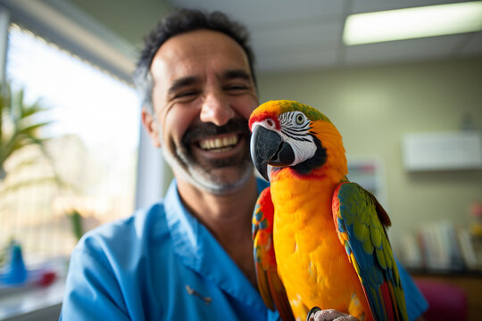 a male excotic pet vet smiling to a parrot bokeh style background