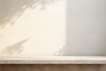 Empty stone table for product presentation on a minimalist background with sun shadow