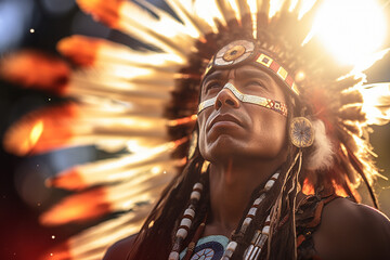 native american man wearing native dress in front of sunset bokeh style background - obrazy, fototapety, plakaty