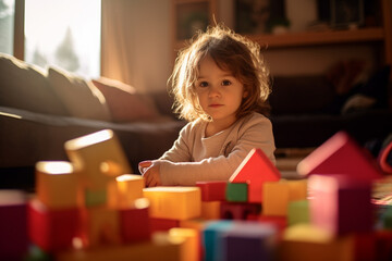 a baby sitting on the floor and playing with brick block toys in living room bokeh style background