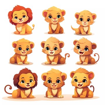 set of 3d illustrations of cute cartoon lion cubs, in various styles, on a white background. generative ai