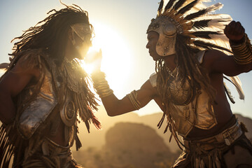 two native american guys wearing native dress dancing in front of sunset bokeh style background