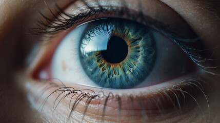 Super close-up of a blue woman's eye with a beautiful patterned pupil. Vision problems. Ophthalmology. Generated by AI.