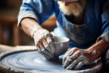 a man making pottery with throwing wheel bokeh style background - obrazy, fototapety, plakaty