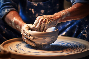 a man making pottery with throwing wheel bokeh style background - Powered by Adobe
