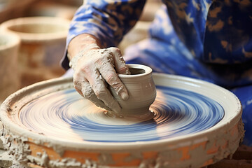 a man making pottery with throwing wheel bokeh style background