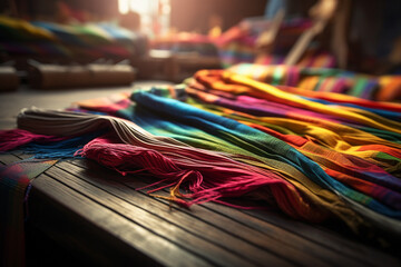 colorful yarn on the table wood  bokeh style background